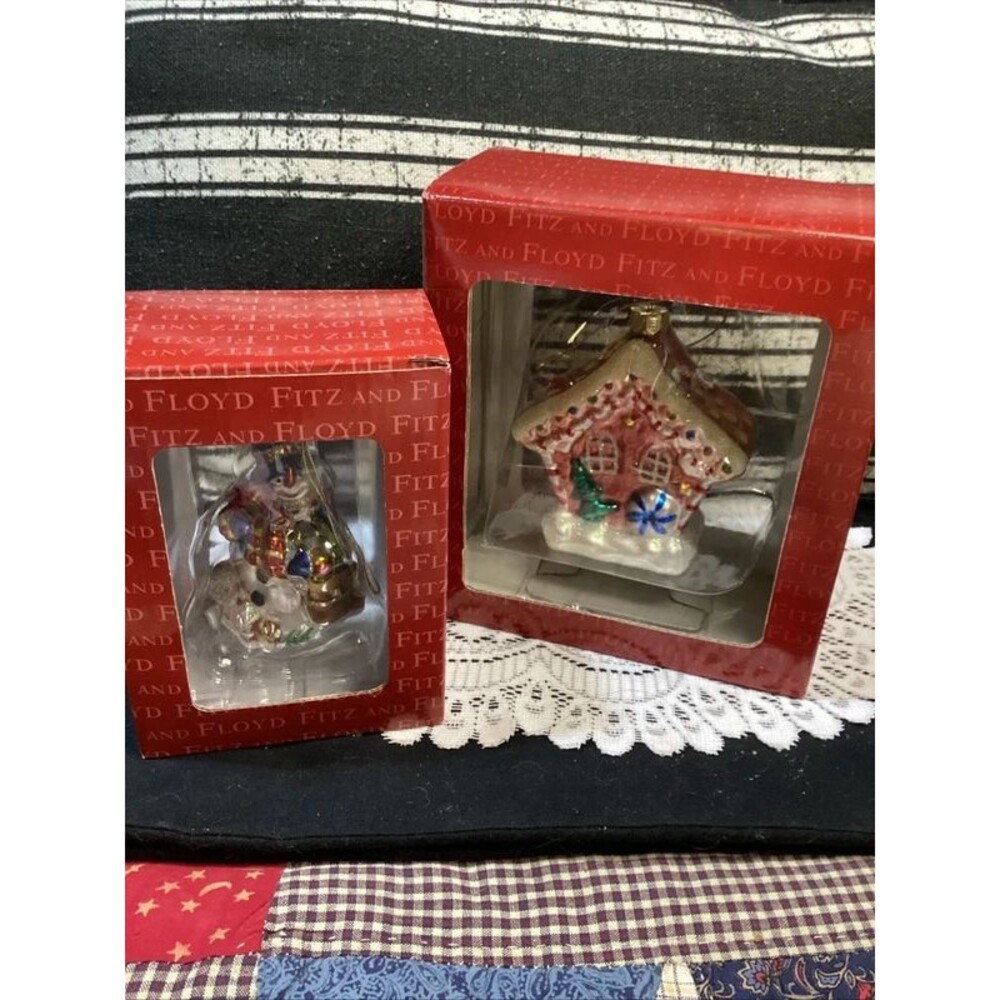 Fitz and Floyd Vintage Blown Glass Christmas Ornaments Gingerbread & Snowman